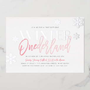 Invitación Con Relieve Metalizado Winter ONEderland 1er cumpleaños Plata rosa