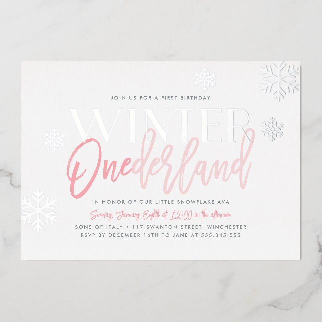 Invitación Con Relieve Metalizado Winter ONEderland 1er cumpleaños Plata rosa (Anverso)