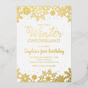 Invitación Con Relieve Metalizado Winter Onederland First Birthday Silver Snowflakes