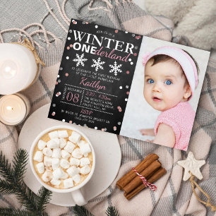 Invitación Con Relieve Metalizado Winter ONEderland Foto Real de 1er Cumpleaños