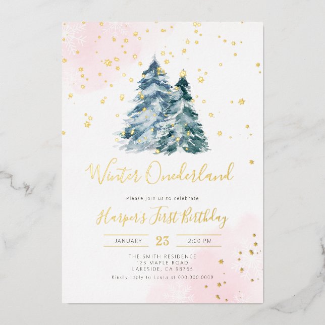 Invitación Con Relieve Metalizado Winter Onederland Primer Chica de cumpleaños (Anverso)