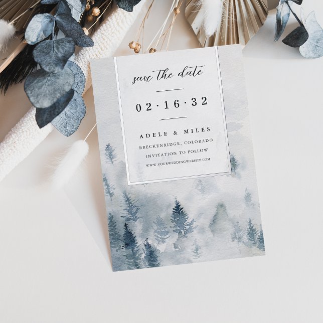 Invitación Con Relieve Metalizado Winter Reverie | Bosque acuarela Guardar la fecha (Subido por el creador)