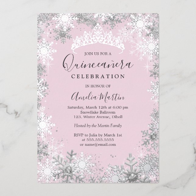 Invitación Con Relieve Metalizado Winter Snowflake Pink Silver Quinceanera (Anverso)