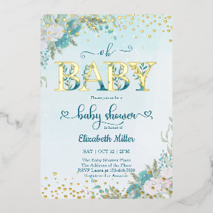 Invitación Con Relieve Metalizado Winter Watercolor Blue Floral Baby Shower