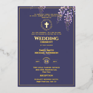 Invitación Con Relieve Metalizado Wisteria Boda católica  elegante morada