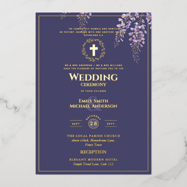 Invitación Con Relieve Metalizado Wisteria Boda católica  elegante morada (Anverso)