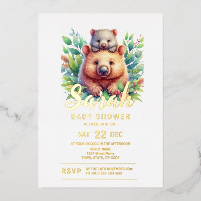 Invitación Con Relieve Metalizado Wombat Baby Shower (Anverso)