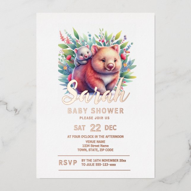 Invitación Con Relieve Metalizado Wombat Baby Shower (Anverso)