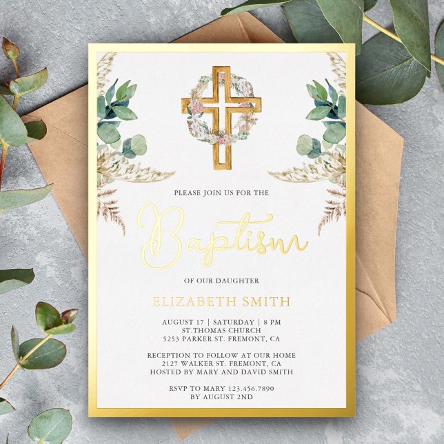 Invitación Con Relieve Metalizado Wood Cross Boho Pampas Eucalyptus Baptism Gold (Subido por el creador)