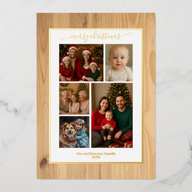Invitación Con Relieve Metalizado Wooden texture foil family Photo Christmas real (Anverso)