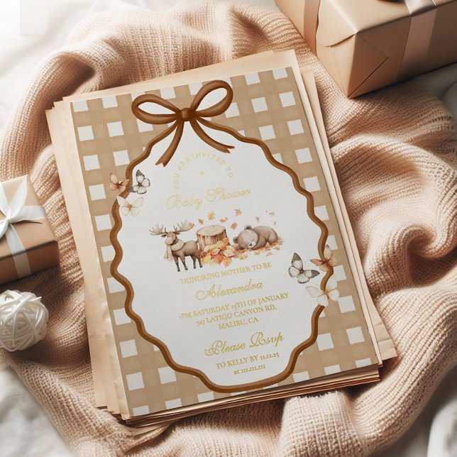 Invitación Con Relieve Metalizado Woodland Baby Shower Gingham Fall (Subido por el creador)