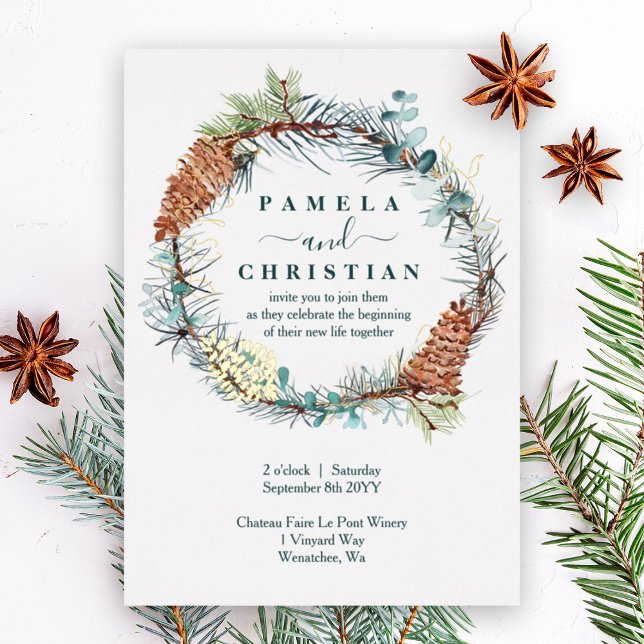 Invitación Con Relieve Metalizado Wreath de pinecona de invierno, Boda de eucalipto (winter eucalyptus leaves rustic pinecones wedding invitation with gold foil pinecone & pine needles)