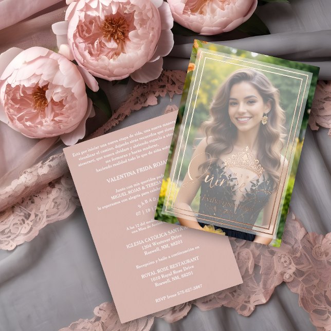Invitación Con Relieve Metalizado XVs Princess Tiara Luxury Overlay Vellum Effect  (Princess Tiara Exquisite Overlay Vellum Effect Quinceañera Sophisticated Photo Rose Gold Foil Card.)