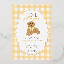 Invitación Con Relieve Metalizado Yellow Golden Retriever Puppy Pawty Primer cumplea