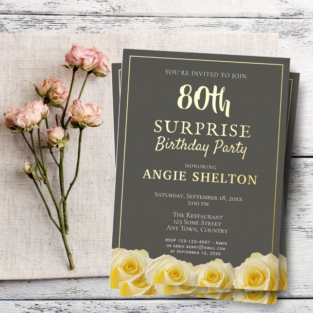 Invitación Con Relieve Metalizado Yellow Rose 80.ª fiesta de cumpleaños sorpresa (Subido por el creador)
