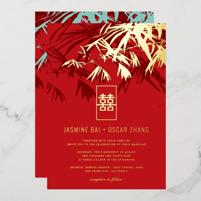 Invitación Con Relieve Metalizado Zen Bamboo rojo y turquesa deja Boda chino (Anverso/Reverso)