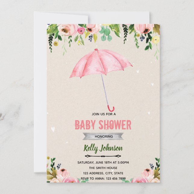 invitación con tema de lluvia de abril y flor de m (Anverso)
