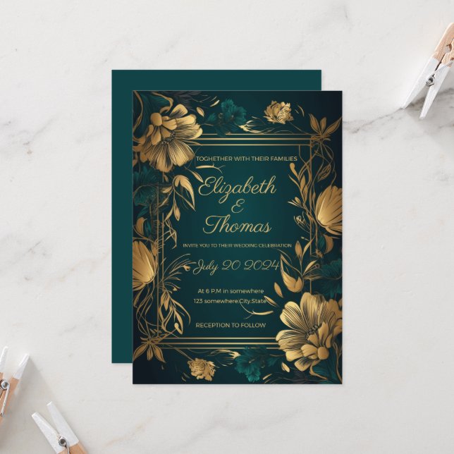 Invitación con tema de lujo dorado y verde. (Anverso/Reverso In Situ)