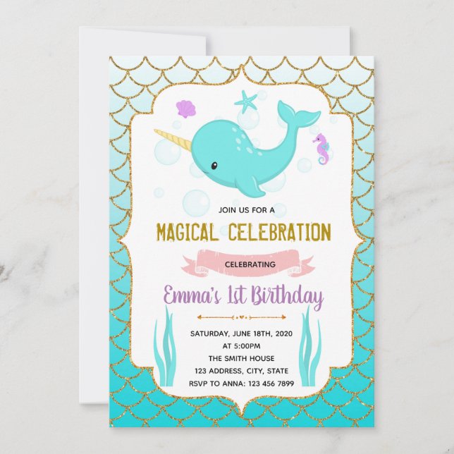 Invitación con tema de narval azulado lindo (Anverso)