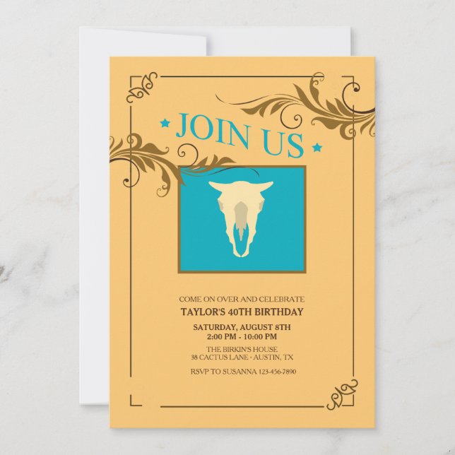 Invitación con tema occidental de cráneo de vaca (Anverso)