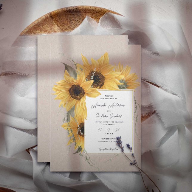 Invitación Con temática de girasol, granero rústico boda (COuntry watercolor Sunflower themed, barn rustic wedding invitations.)