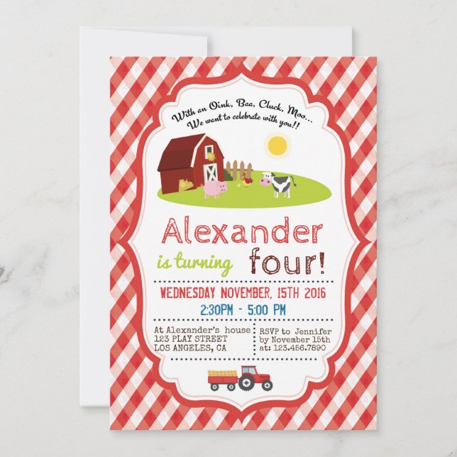INVITACIÓN CON UNA FIESTA DE CUMPLEAÑOS, BAA, CLUCK, MOO FARM (Anverso)