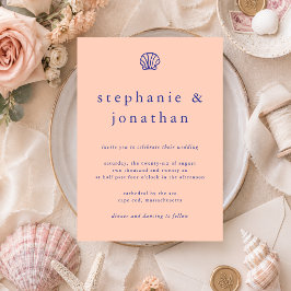 Invitación Concha Costera Playa Rosa Azul Marino Boda