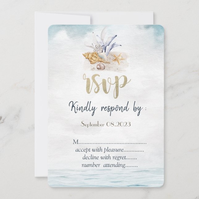Invitación Conchas al aguarela, RSVP de boda en el mar (Anverso)