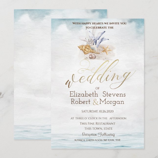 Invitación Conchas de acuarela, Boda en el mar (Anverso / Reverso)