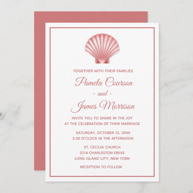 Invitación conchas de Boda blanco rosado de conchas en la pla (Anverso / Reverso)