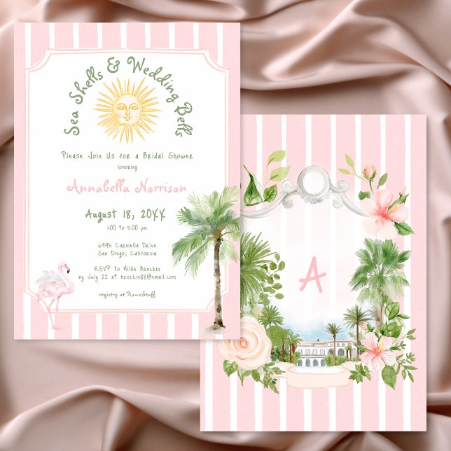 Invitación Conchas de franja rosa y campanas de boda: Desayun (Pink Stripe Shells & Wedding Bells Bridal Shower Invitation)