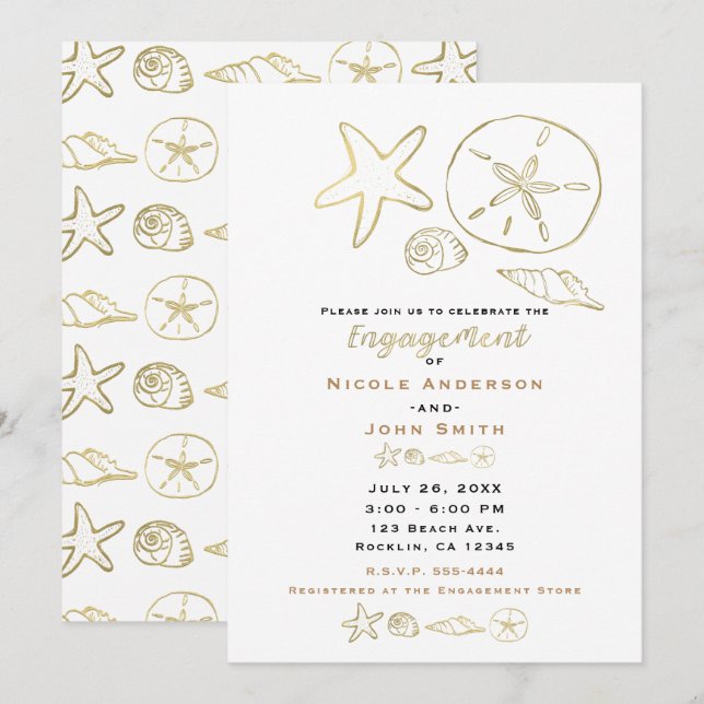 Invitación Conchas de mar con aspecto de lámina de oro Elegan (Anverso / Reverso)