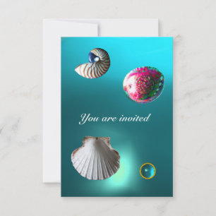 Invitación CONCHAS DE MAR DAMASCO GEM BEACH WEDDING azul agua