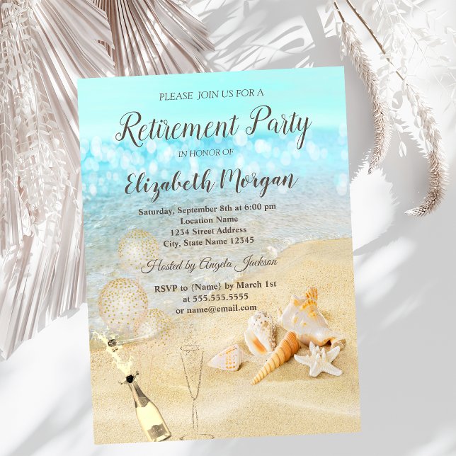 Invitación Conchas de playa, arena, globos, vino, jubilación (Subido por el creador)