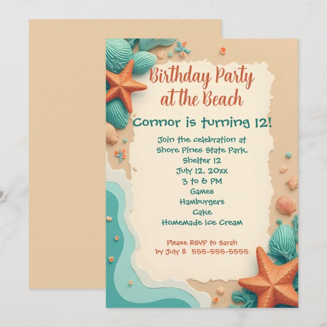 Invitación Conchas en la orilla Tema de playa de cumpleaños p (Anverso / Reverso)
