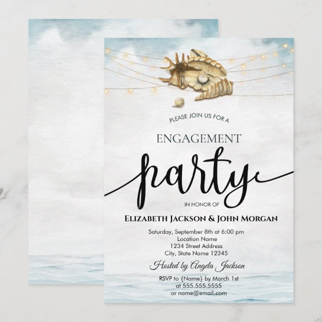 Invitación Conchas,Mar,Luces de Cadena Escritura Compromiso  (Anverso / Reverso)