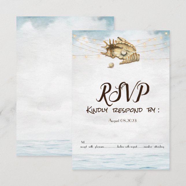 Invitación Conchas,Mar,Luces de Cadena Guión Luces RSVP   (Anverso / Reverso)