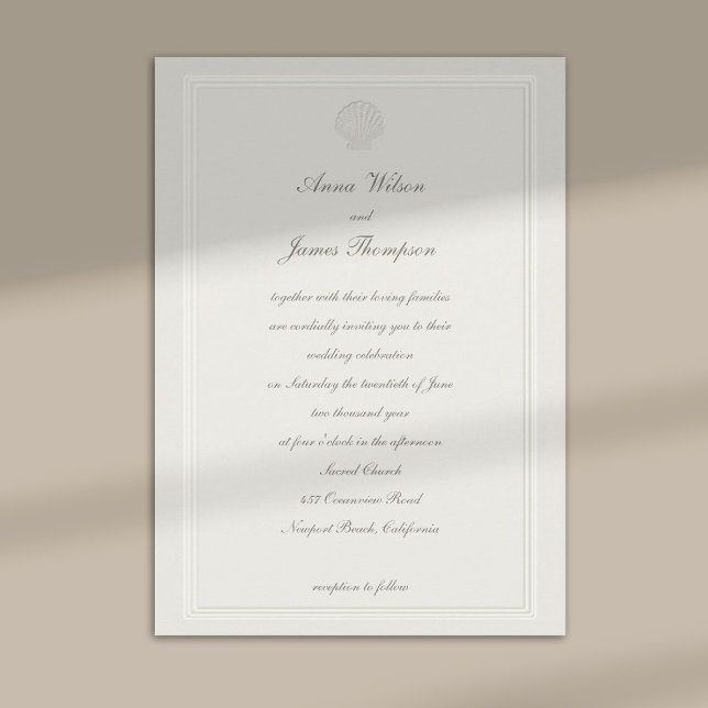 Invitación Conchas Marinas Costeras Ecru Formal Nupcial (nautical coastal wedding invitation modern classic formal traditional elegant shell ecru frame)