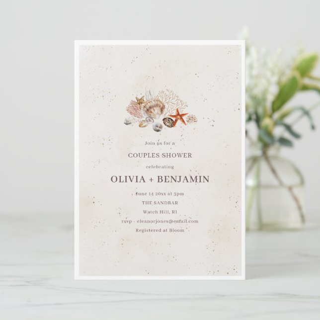 Invitación Conchas Marinas de Océano Baño de Boda para Pareja (Anverso de pie)
