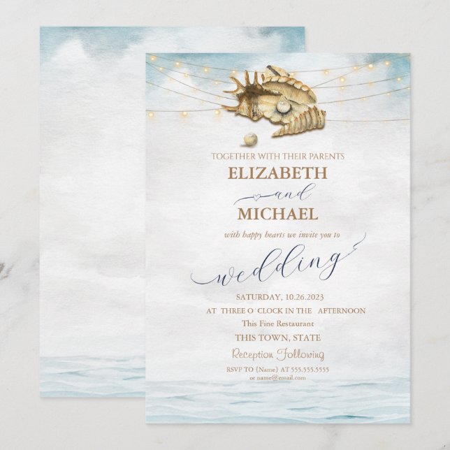 Invitación Conchas marinas, guión de bodas de luces de cuerda (Anverso / Reverso)
