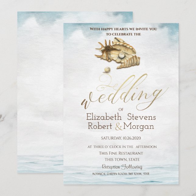 Invitación Conchas marinas,Mar,Luces de Cadenas  (Anverso / Reverso)