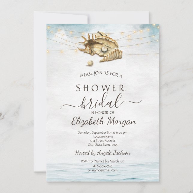 Invitación Conchas marinas, Mar, Luces de Cadenas Guión para  (Anverso)