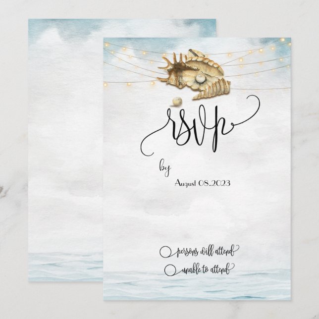 Invitación Conchas marinas, Mar, Luces de Cadenas Script RSVP (Anverso / Reverso)