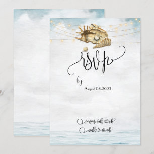 Invitación Conchas marinas, Mar, Luces de Cadenas Script RSVP