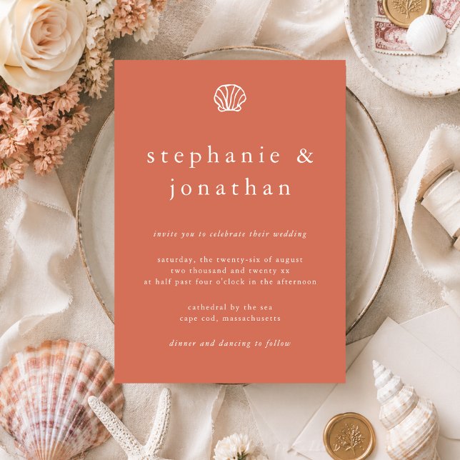 Invitación Conchas marinas Playa costera Coral Terracota Boda (Subido por el creador)