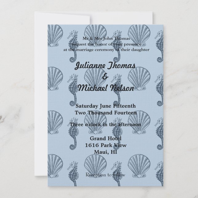 Invitación conchas marinas y Boda de Caballos de Mar (Anverso)