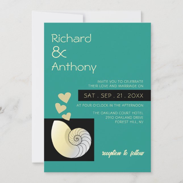 Invitación Conchas marinas y corazones, bodas en la playa (Anverso)