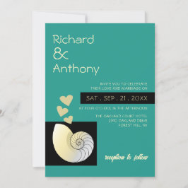 Invitación Conchas marinas y corazones, bodas en la playa