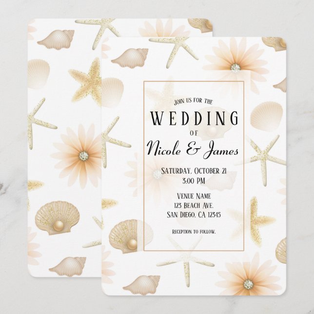 Invitación Conchas marinas y flores de Peach Beach para boda  (Anverso / Reverso)