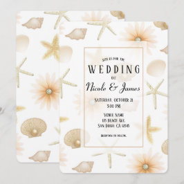 Invitación Conchas marinas y flores de Peach Beach para boda 